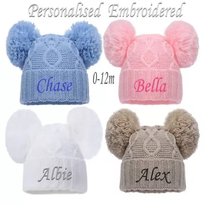 PERSONALISED BABY POM POM HAT KNITTED WINTER WHITE PINK BLUE GREY GIFT NB 0-12m • £7.88