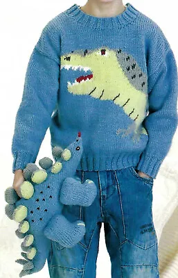 Boys Dinosaur Soft Toy Sweater Jumper KNITTING PATTERN DK 22 - 30 Intarsia Motif • £2.15