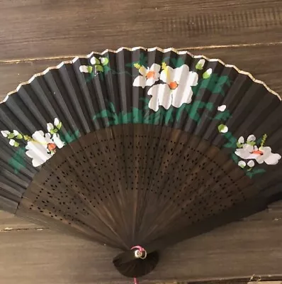 Vintage Hand Painted Black Flowers Folding Hand Fan Spain 8  • $14