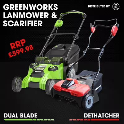 Cordless Lawn Mower 40v Greenworks 49cm & Scarifier Lawn Rake Dethatcher • £279.99