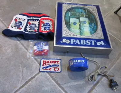 Vintage Pabst Blue Ribbon Lighted Sign -  On Draught LOT Ashtray Patch 70's Hat • $249.99