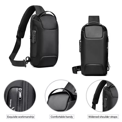 Men Leather Sling Bag Chest Shoulder Crossbody Backpack USB Charging Port Travel • $21.45