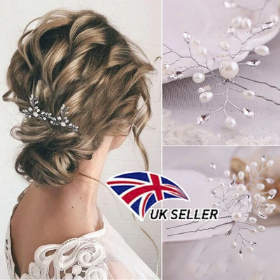 £4.79 • Buy Wedding Hair Pins Bridesmaid Crystal Diamante Pearls Bridal Clips Grips White