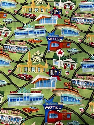 Travel Vintage Route 66 Roy’s Motel Cafe Vintage Cars Cotton Fabric Fq • $4.25