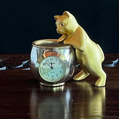 Vintage Elgin Miniature Desk Clock Cat Looking Into A Fish Bowl • $12.59