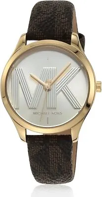 Michael Kors MK2862 Gold Tone Logo Dial Brown Leather Strap Women's Watch • $139.99