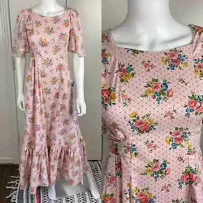 Vintage 70s Handmade Pink Floral Maxi Prairie Dress XSmall Romantic Cottagecore • $40
