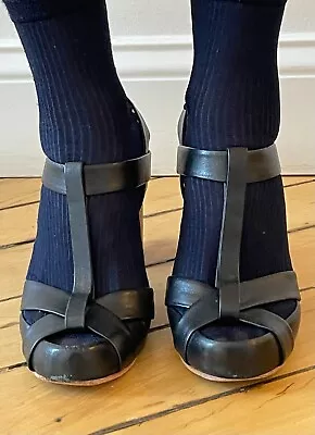 Early 2000s A DETACHER T-strap Faux Platform Sandals W/wooden Heel 8 US (39 EU) • $145