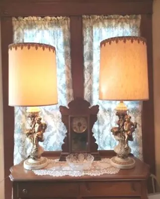 $150 • Buy Pair Of Large Vintage Fuggiti Studios Chalkware Lamps Cherubs Grapes With Shades