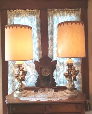 $150 • Buy Pair Of Large Vintage Fuggiti Studios Chalkware Lamps Cherubs Grapes With Shades