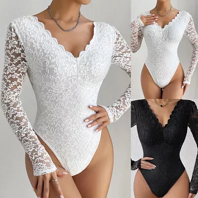 Womens Long Sleeve Lace Floral V-Neck Bodysuit Slim Fit Basic Elegant Sheer Tops • £2.89