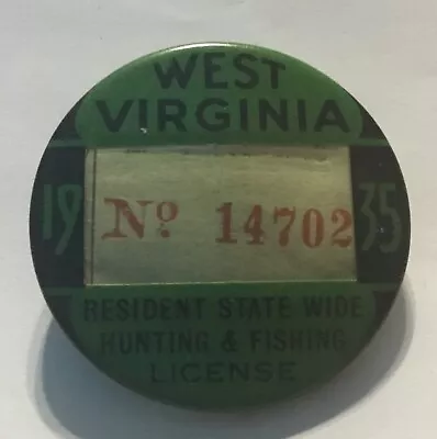 West Virginia Resident State Wide Hunting Fishing License Pin Badge Pin - 1935 • $61.05