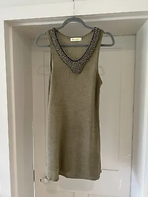 Angel Eye Khaki Beige Knit Sleeveless Dress Beaded Detail Around Neck Size M/L • £6.99