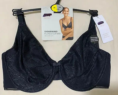 Ex M&S BODY UNDERWIRED SMOOTHING LACE PLUNGE Bra In BLACK Size 38DD • £10.99
