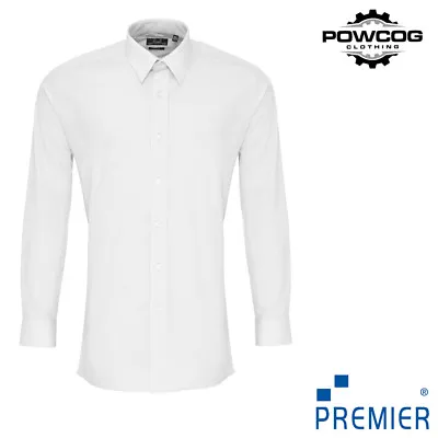 Premier Mens Long Sleeve Fitted Poplin Shirt Slim Fit Double Button Cuff PR204 • £14.49