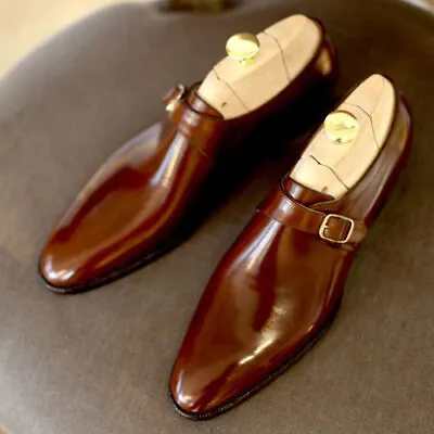 Handmade Genuine Brown Pure Leather Single Monk Strap Business Shoes For Men • $199.99