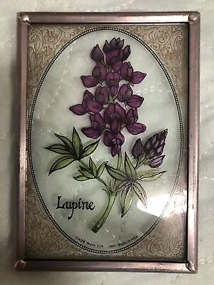 Small Decor Painted Glass Piece Lupine Metal Frame Window Decor Vintage • $18