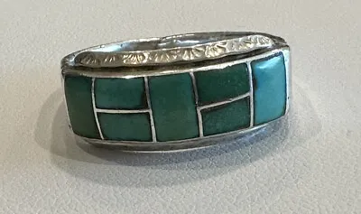 Vintage Native American Hopi Turquoise Inlay Sterling Silver Ring Size 12 • $152.99