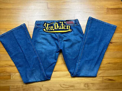 Y2K Von Dutch Vintage Flare Jeans Yellow Applique Size 29 Made In USA Large Logo • $249.99