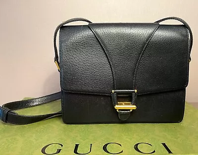 Vintage Gucci Black Boarskin  Leather Crossbody Shoulder Bag Italy • $66.50