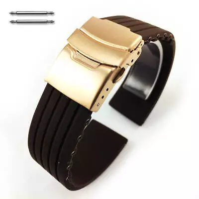 Brown Rubber Silicone Watch Band Strap Rose Gold Double Locking Clasp #4017RG • $14.95