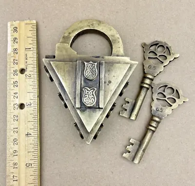 Padlock Triangle Medieval Dungeon Style Brass Antique Finish 2 Keys Really Works • $74