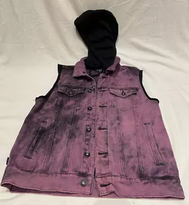 XXX Rude Denim Vest Small Dk Purple Black Sleeveless Detachable Hood HOT TOPIC • $27.75