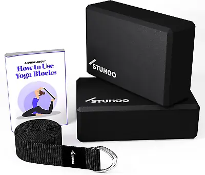 STUHOO Yoga Block Set Of 2 And Yoga Strap Includes Descriptive Ebook - Sturdy & • £14.43