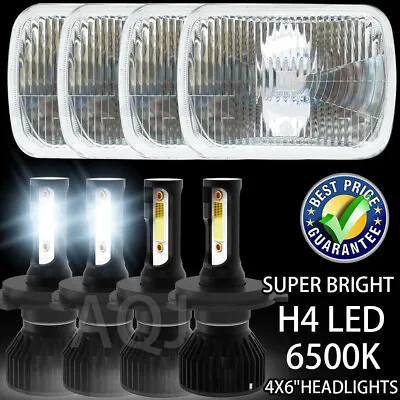 4X6 Stock Glass Lens / Metal Headlight 6500k H4 LED Light Bulb Headlamp Set • $149.49