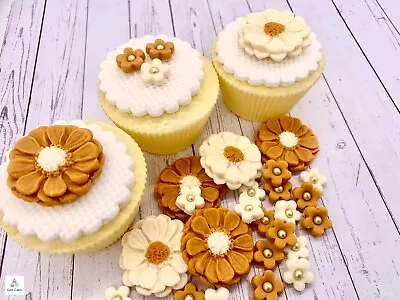 60 Edible Gold & Ivory Daisy Fondant Sugar Paste Cake Toppers Decoration Wedding • £8.99