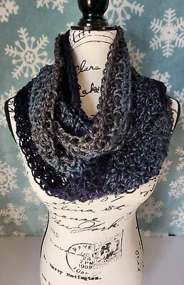 Handmade Crochet Infinity Scarf Double Wrap Cowl Navy Blue & Brown • £33.75