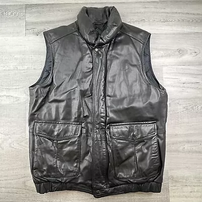 Vtg Eddie Bauer Mens Brown Leather Vest Goose Down Bead Decor Biker Zip Up Sz LT • $125.06