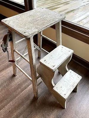 Vtg. Painted Wooden Folding Step Stool Chair Rustic Patina W/Swing Away Opener • $75