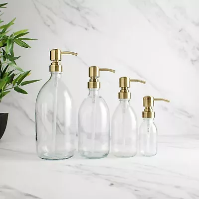 £4.99 • Buy Clear Glass Bottle With Gold / Brass Dispenser Pump For Soap/Shower Gel/Shampoo