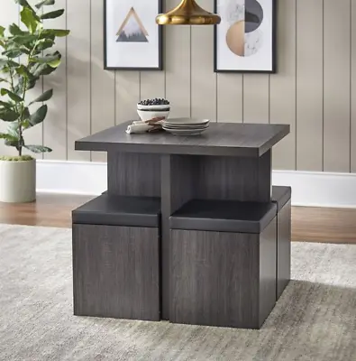 Modern Kitchen 5 Pc Dining Set Table Padded Storage Ottoman Stool Chairs Gray • $180.44
