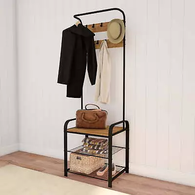 Home Entryway Bench With Coat Rack Metal Hall Tree With Seat Hooks Shoe Storage • $74.97