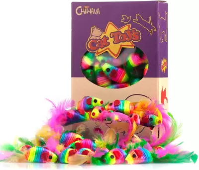 24PCS 5  Rattle Cat Toys Mice With Feather Rainbow Rope Mouse Kitten Interactive • $31.99