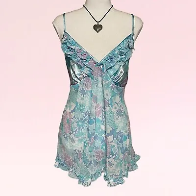 Vintage Y2k Sheer Ruffle Fairy Chiffon Floral Blue Babydoll Slip Mini Dress L • $24