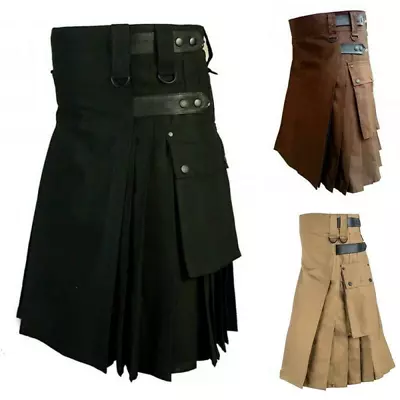 Leather Kilt Cargo Scottish-Dress Men Vintage Gothic Steampunk Patchwork Pocket • $48.29