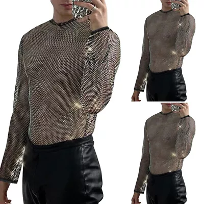 US STOCK Mens Long Sleeve Mesh Fishnet Transparent T Shirts Sexy Blouse Tee Tops • $8.88