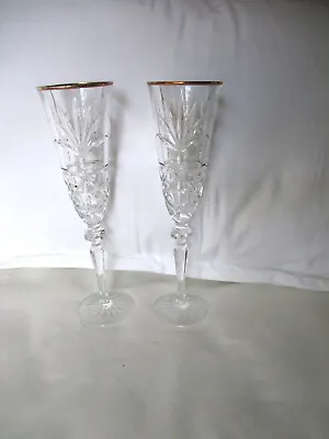 $45 • Buy Vintage Pair Of Ornate Lead Crystal Heavy Cut Champagne Flutes / Glasses