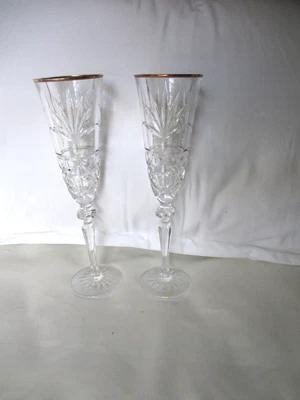 $45 • Buy Vintage Pair Of Ornate Lead Crystal Heavy Cut Champagne Flutes / Glasses