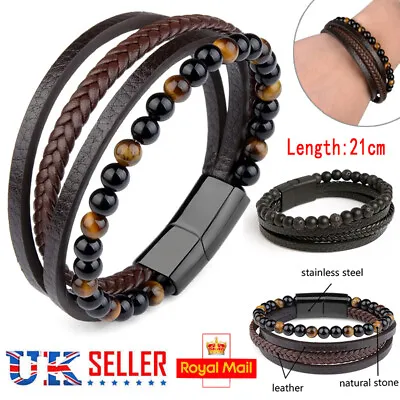 £5.85 • Buy Mens Braided Leather Bracelet Wristband Stainless Steel Clasp Jewellery Gift UK