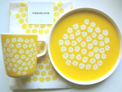 Marimekko Puketti Yellow 3 Sets.  Plate Mug Tea Towel. 现货樱花团黄色芬兰限定 プケッティ • $237