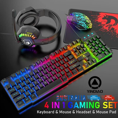 $50.49 • Buy Wired Gaming Keyboard Mouse Headset And Pad Set RGB Bcklit For PC Xbox PS4 Gamer