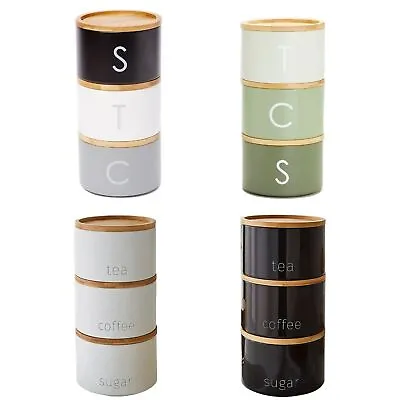 Set Of 3 Stacking Kitchen Canisters Tea Coffee Sugar Jars With Wooden Lid Metal • £19.99