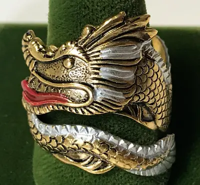 Vintage Brass Asian Serpent Dragon Ring Snake Gold Tone Wrap Adjustable Size 8 • $24.99