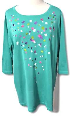 BOB MACKIE (2X) A48174 Confetti Embroidered Silk Blend Tunic Sweater Aqua • $32