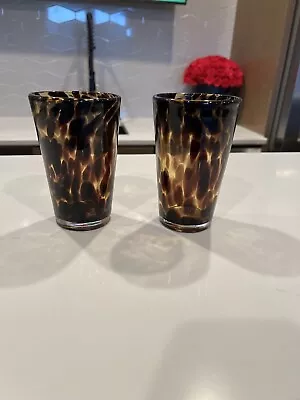 Set Of 2 Tortoise Shell Amber Glasses Tumblers_Hand Blown_Highball_ • $19.50