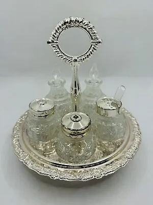 Vintage Silver Plated Rotating Condiment Tray Caddy Set Of 5 Glass Cruets Mayell • $37.19